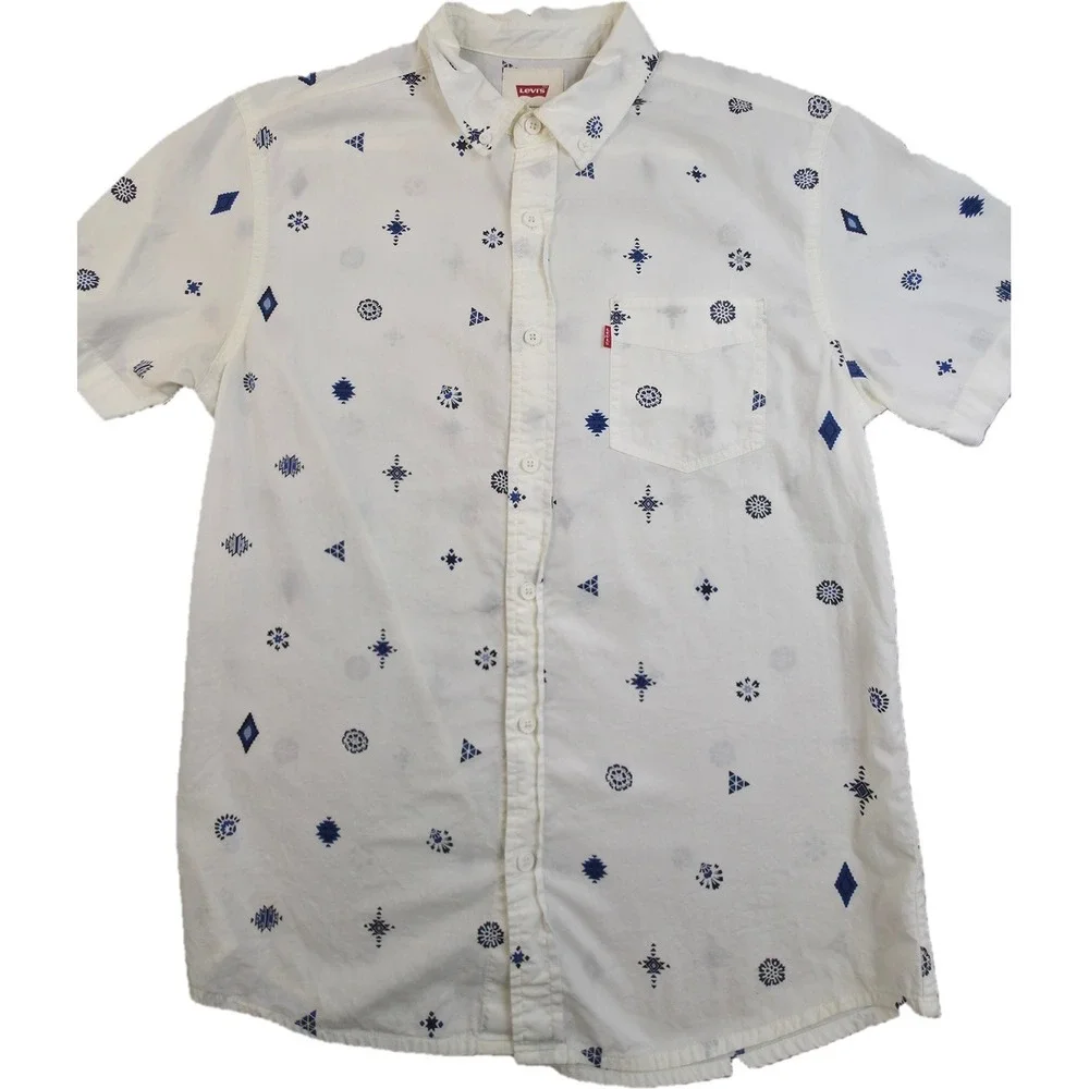 Levi's Short Sleeve Shirt Mens S White Blue Geometric Tribal Print Button Down